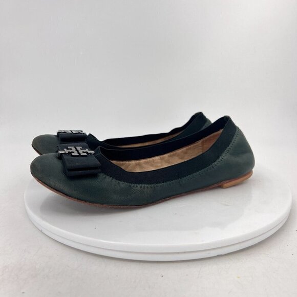 Tory Burch Women Size 7M Green Leather Bow Slip On Elastic Ballet Flat Shoes - Picture 2 of 14